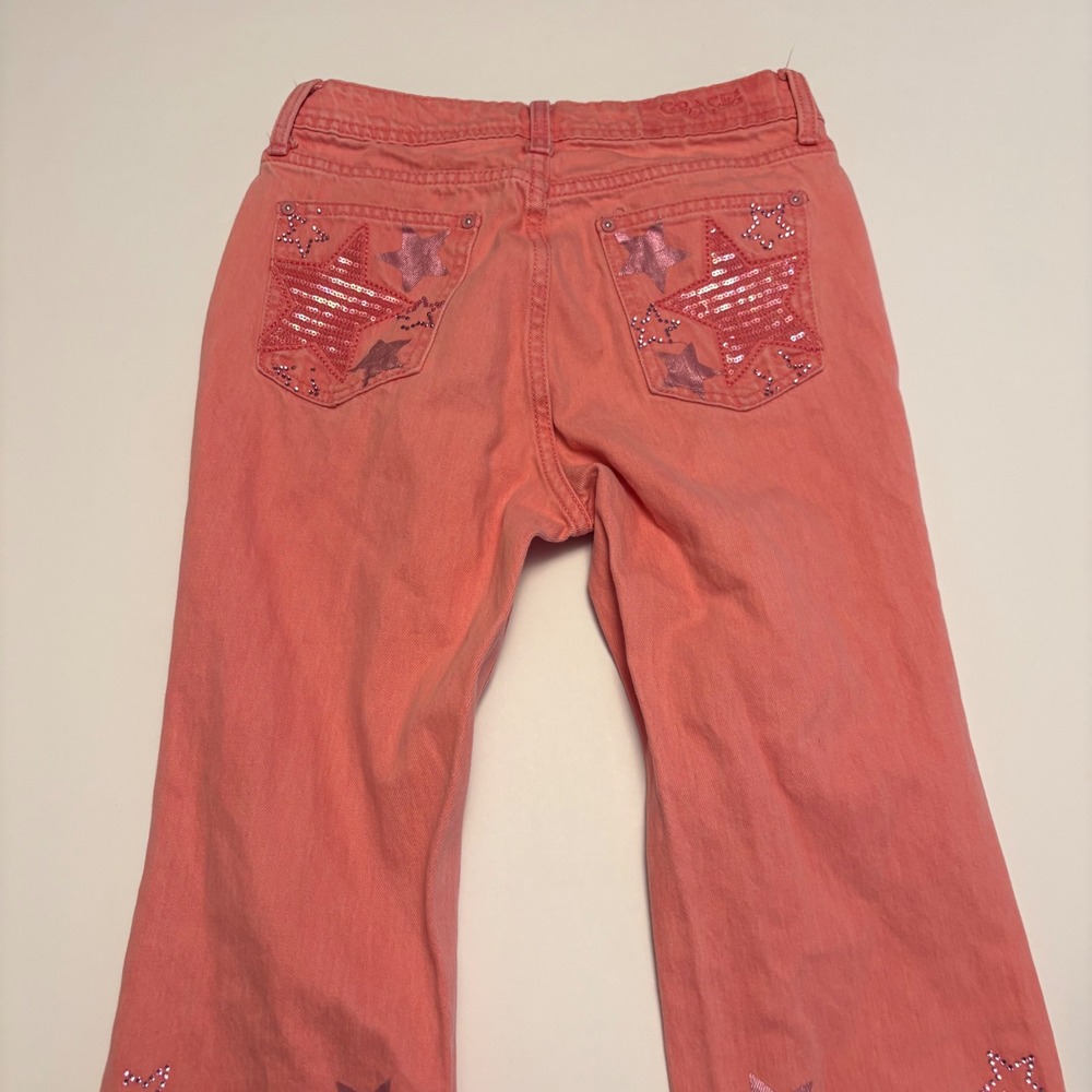 Grace in LA Star Sequin Bootcut Jeans Women Size 25 Coral Pink Rhinestone Y2K